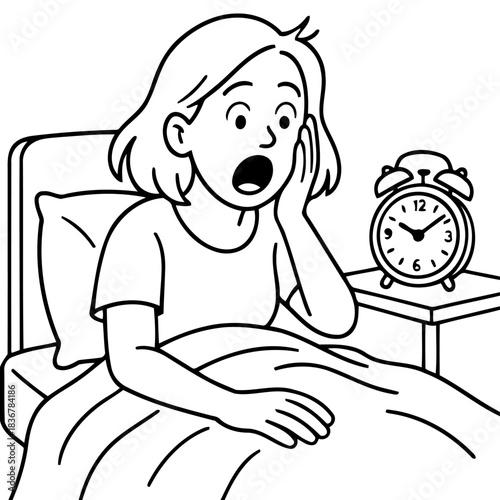 Alarm Clock Drama: A woman jolts awake in bed, her eyes wide with surprise as she realizes the alarm clock has blared its wake-up call.