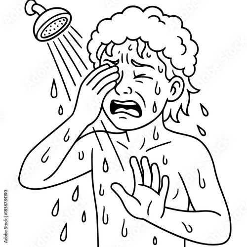 Intense Reaction to Shower: A person reacts with shock and discomfort to a shower, water pouring down, conveying a moment of surprise and shock