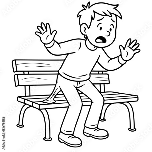 Sticky Situation: A startled individual finds himself in a sticky situation after sitting on a bench with chewing gum. Capturing a moment of surprise and unexpected mess.