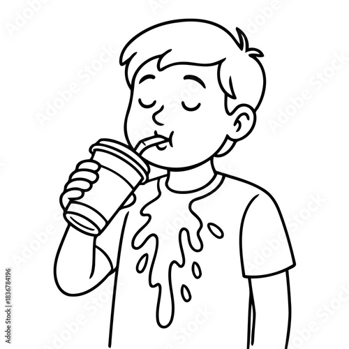 Cool Drink Mishap: A young boy savors a refreshing beverage from a paper cup, unaware of the playful splash cascading down his shirt, encapsulating a moment of innocent fun and unexpected chaos.