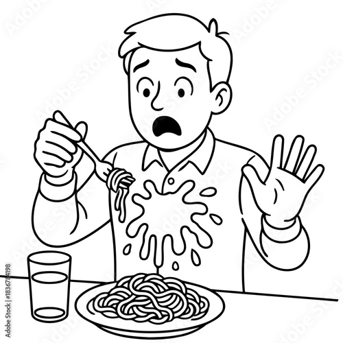 Spaghetti Stain Disaster: A comical illustration captures the moment of food spill on the shirt. the illustration captures a moment of chaos, highlighting the humorous side of a common mishap. 