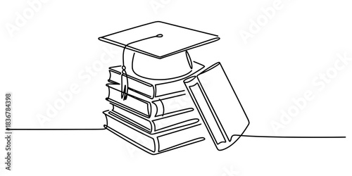 One line drawing of a graduation cap on a stack of books, isolated on education concept, continuous line art continuous one line art of vector illustration
