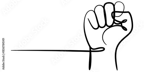Minimalist continuous line art drawing of a raised fist symbolizing protest, power, and solidarity, isolated on continuous one line art of vector illustration