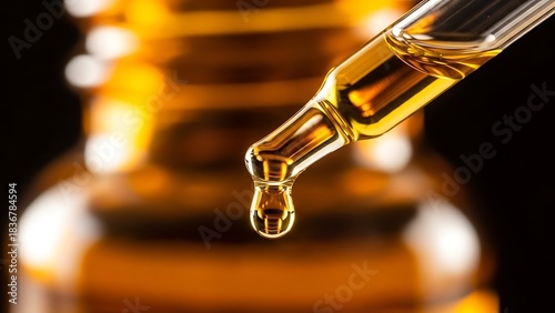 Close-up of Golden Oil Dropping from Pipette into Amber Bottle.