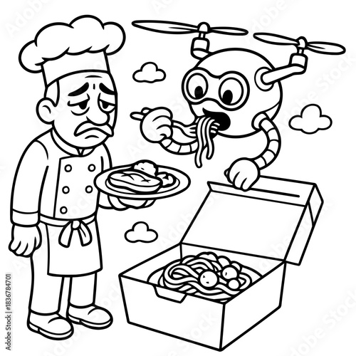 The Unwelcome Dinner Guest: A despondent chef watches in disbelief as a robotic drone devours the meal intended for a customer, highlighting the unexpected intrusion of technology. 