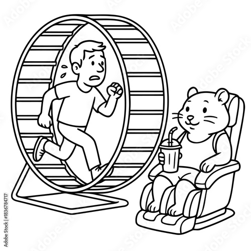 The Cycle of Modern Life: A humorous illustration depicts a person trapped in a hamster wheel while a relaxed hamster enjoys a drink in a recliner.