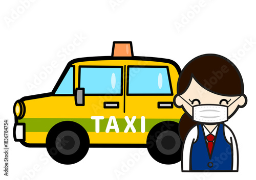 タクシーの前でマスクをする女性タクシードライバーのイラスト