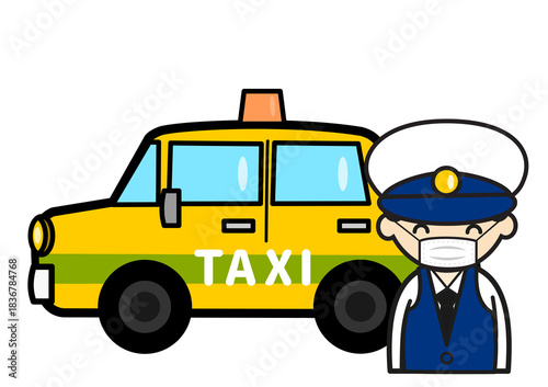 タクシーの前でマスクをする男性タクシードライバーのイラスト