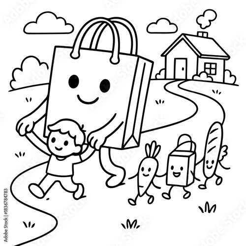 Going Home with Groceries: a heartwarming illustration where a cheerful paper bag leads a little boy and a group of groceries happily toward a quaint little house.