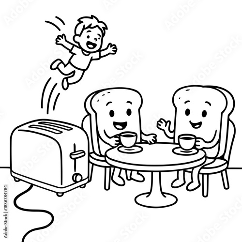 Breakfast Buddies Cartoon: A whimsical cartoon scene unfolds as a delighted boy leaps with joy near a playful pair of toast slices enjoying coffee by a table.