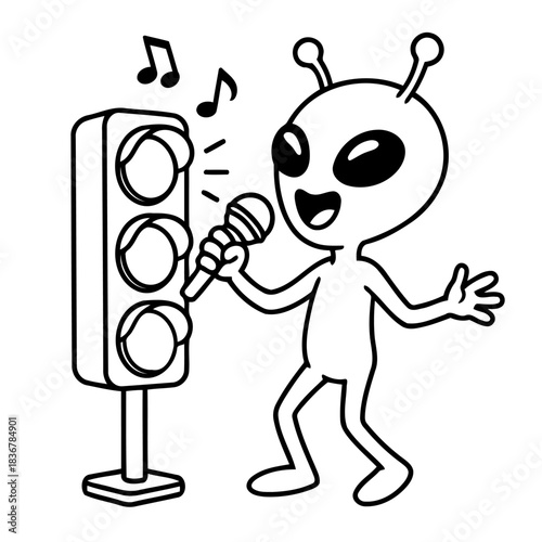 Alien Melodies: An extraterrestrial being with a beaming smile sings into a microphone, accompanied by musical notes. It is a whimsical blend of the cosmos and the joy of music.