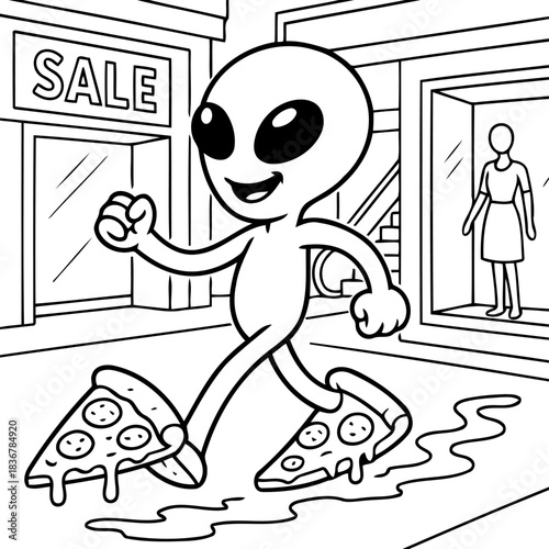 Alien's Pizza Journey: An adorable alien cheerfully struts through a street, with slices of pizza as shoes, embodying a whimsical blend of extraterrestrial charm and food. 