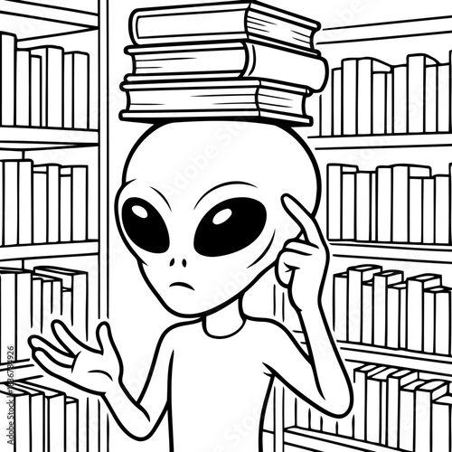 Alien Librarian: An extraterrestrial librarian stands amidst towering shelves of books, balancing a stack on its head, symbolizing knowledge and education.