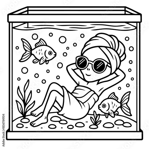 Serene Underwater Escape: A whimsical illustration depicts a woman in a refreshing aquatic setting, lounging in an aquarium amidst playful fish and shimmering bubbles.