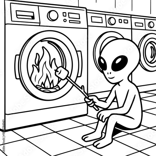 Martian Marshmallow Mishap: A curious alien, perched beside a row of washing machines, playfully toasts a marshmallow over a fire, adding a surreal touch to the mundane scene.