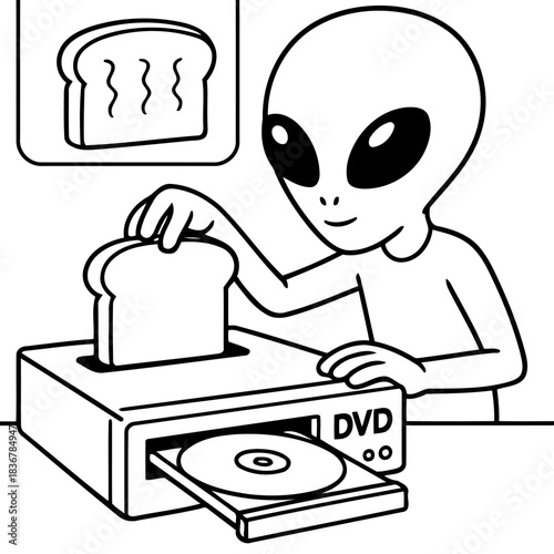 Cosmic Toast: An extraterrestrial being embarks on a culinary exploration, inserting a slice of bread into a DVD player, as a vision of toasted bread hovers above