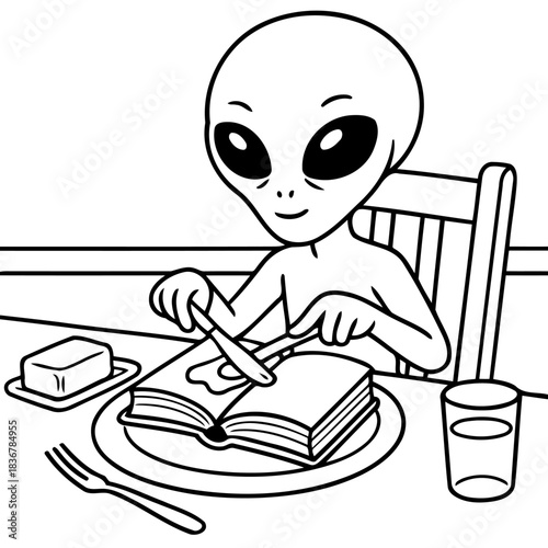 Alien's Culinary Curiosity: An extraterrestrial humanoid demonstrates human culinary behaviors, cautiously applying butter to an open book, accompanied by a glass of water and cutlery on the table.