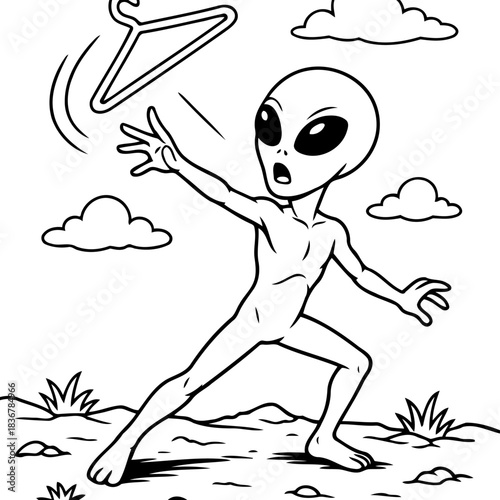 Alien Encounter: An extraterrestrial being, with sleek grey skin and large black eyes, is caught in a moment of surprise, reaching for a coat hanger floating in the sky.