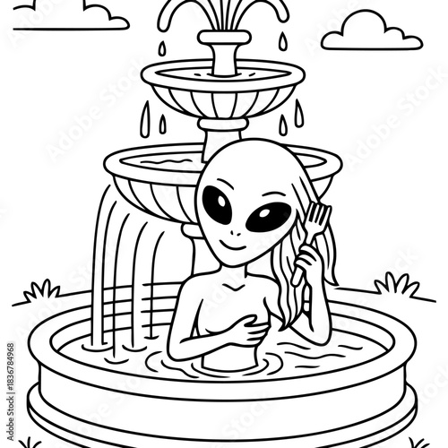 Alien Refreshment: A whimsical scene features an extraterrestrial enjoying a moment of rejuvenation in a cascading fountain, a playful illustration combining the fantastical with the everyday.