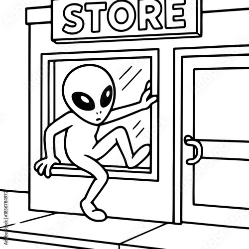 Extraterrestrial in the Shop: A curious extraterrestrial peeks into a store window, showcasing an intriguing blend of science fiction and everyday life. 