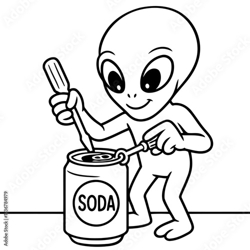 Extraterrestrial Soda Alchemy: A curious extraterrestrial figure, armed with tools, appears to be working on a soda can, creating a moment of playful intrigue.