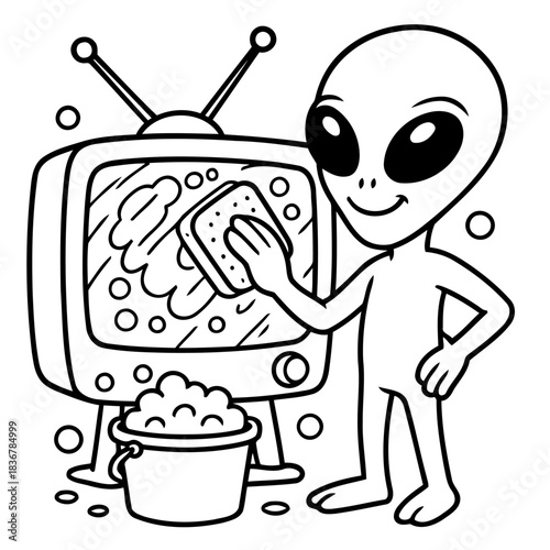 Alien TV Cleaning: An extraterrestrial character is engaging in a comical everyday task of cleaning an old television with a sponge and soapy water, offering a fun and unexpected view.