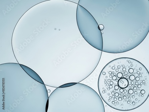 Abstract macro view of overlapping translucent blue liquid spheres and small bubble formation representing science, chemistry, or cosmetic serum texture