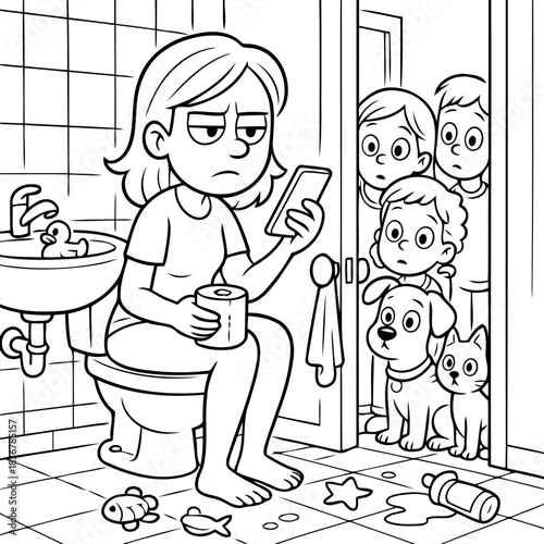 Bathroom Crisis: A woman grapples with a moment of privacy amid the comical chaos, her focus split between her phone and a chorus of inquisitive eyes peering in from the doorway.