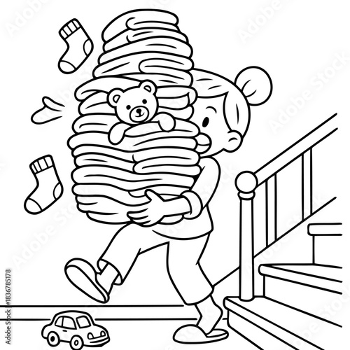 Childhood Chore Day: A young child with determination carries a tower of fresh linen with toy companions, embarking on a playful journey of chores and childhood life