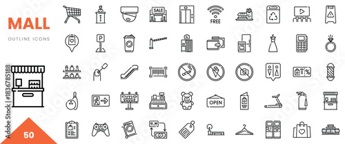 Various outline icons representing shopping mall elements and services in a clean design.