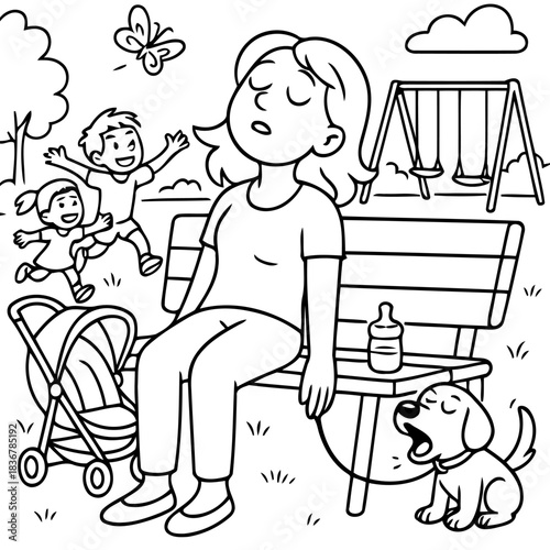 Exhausted at the Park: A mother, weary from the day, finds a moment of rest on a park bench, surrounded by the joyful chaos of her children, stroller, and dog.