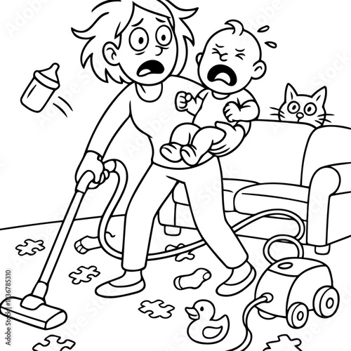 Moments of Overwhelm: A frazzled woman navigates a whirlwind of motherhood, juggling a crying baby, household chores, and the chaos of everyday life.