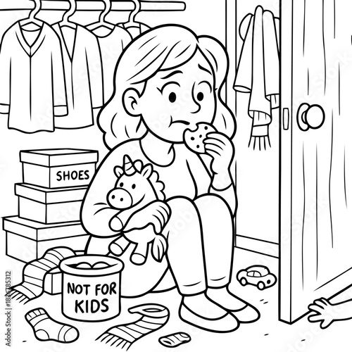 Stress-Eating in Closet: A woman finds solace in the solitude of a closet, nibbling on a cookie while clutching a toy, symbolizing the emotional burden of the day, illustrated in black and white.