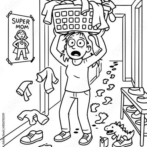 Overwhelmed Mother: A cartoon depiction of a woman struggling with a laundry basket overflowing, creating a relatable portrayal of the daily grind and challenges of motherhood.