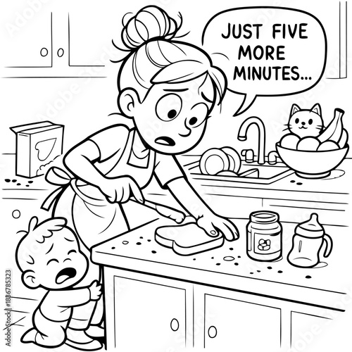 Morning Routine: A mother juggling the demands of daily tasks, illustrated with a crying baby and the relatable words, Just Five More Minutes...