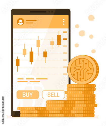 Digital Coin Asset and Smartphone with Financial Candlestick Chart for Online Investment and Trading in Cryptocurrency and Block Chain Industry Concept Illustration Clip Art