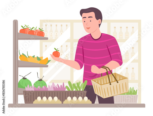 Young Man Picking Fresh Fruit and Vegetable at Grocery Shop in Convenience Store for Supermarket and Urban Shopping Lifestyle Concept Illustration