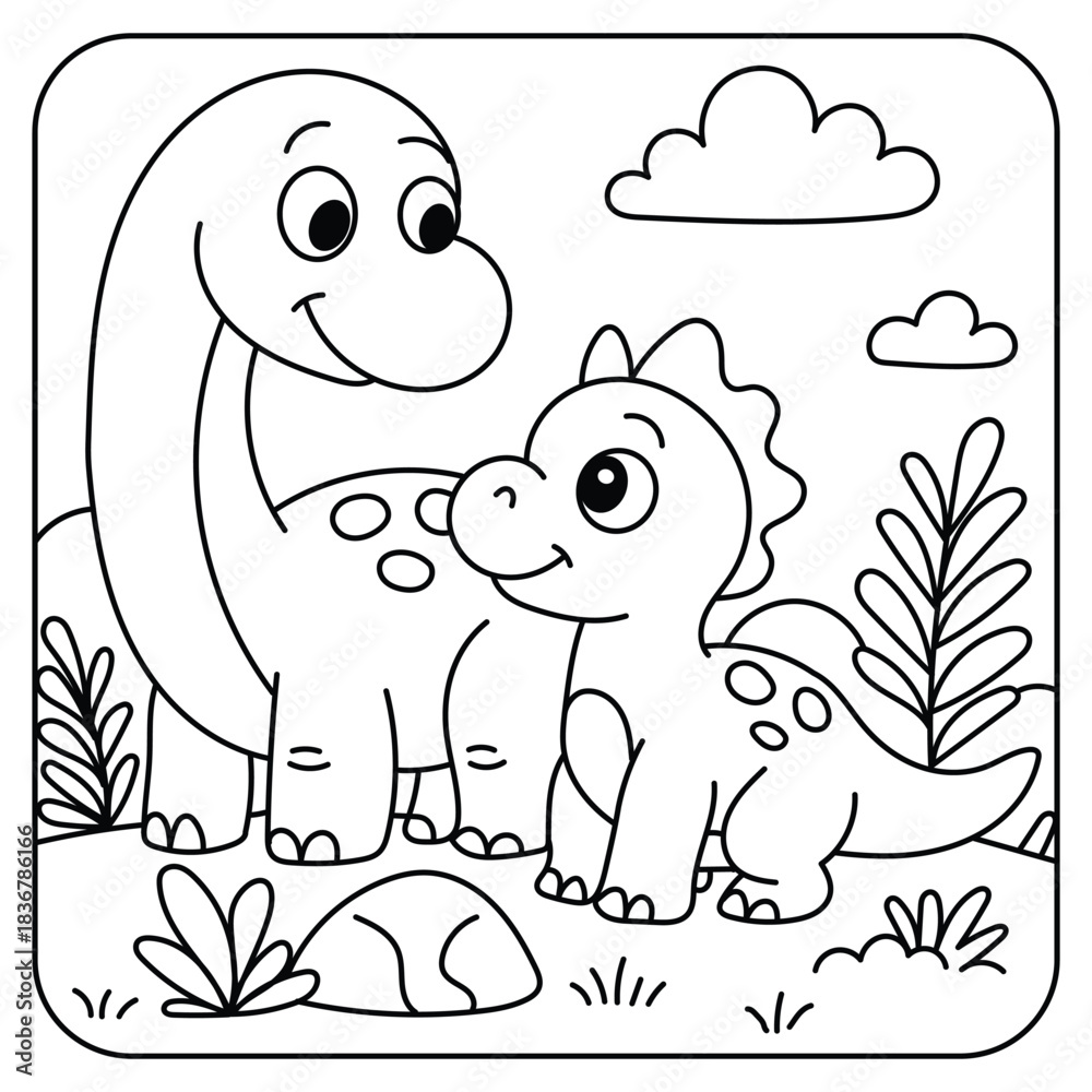 Obraz premium Cute Brontosaurus and Baby Dinosaur Together – Coloring Page