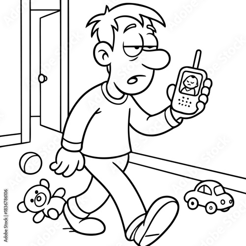 Sleep-Deprived Dad:  A weary father, burdened by sleepless nights, stumbles through a house with phone. Toys scattered on the ground, adding to the exhaustion.