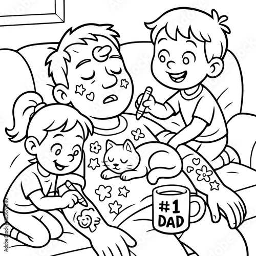 Tattooed Dreams: A heartwarming illustration depicts a moment of affectionate interaction between a father and his children, transforming the father into a canvas for creative expression. 