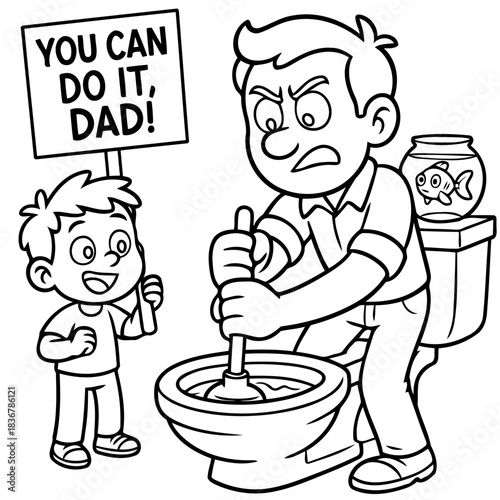 Parent-Child Humor in Plumbing Peril: A humorous illustration captures a moment of domestic drama, where a father wrestles with a clogged toilet while his encouraging child offers support. 