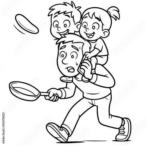 Father's Day Pancake Challenge: A determined father, with his two children perched on his shoulders, attempts to flip a pancake with a frying pan. This image captures the essence of fatherhood.
