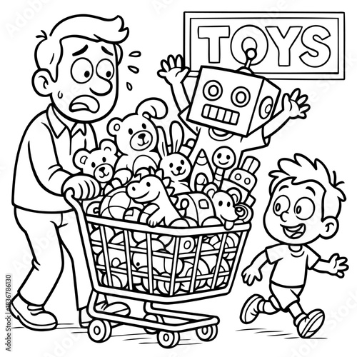 Overwhelmed by toys: A father is pushing a shopping cart full of toys while his son excited to see all the toys. Capturing the humorous chaos of a toy store.