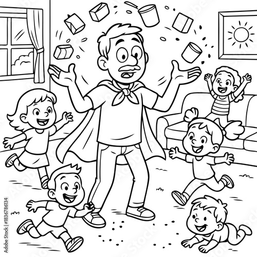 Family Fun and Juggling: A dad, dressed as a superhero, joyfully juggles items, surrounded by a group of delighted children in their cozy home, all caught in a moment of pure family fun. 