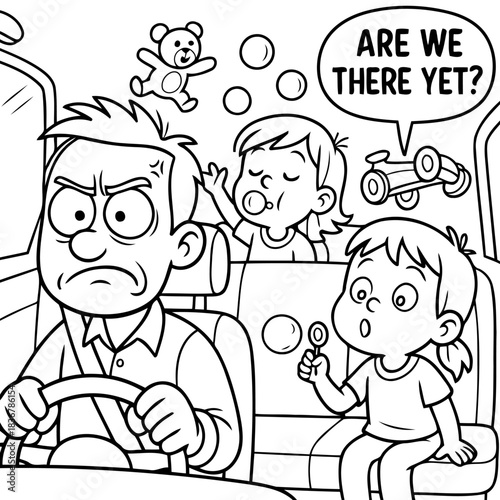 Road Trip Frustration: A stressed parent attempts to keep calm as two young children, surrounded by toys and bubbles, constantly ask Are we there yet? while on a car trip.