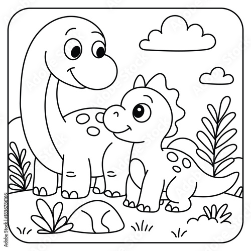 Cute Brontosaurus and Baby Dinosaur Together – Coloring Page