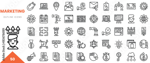 A collection of marketing-themed outline icons showcasing various marketing concepts and tools.