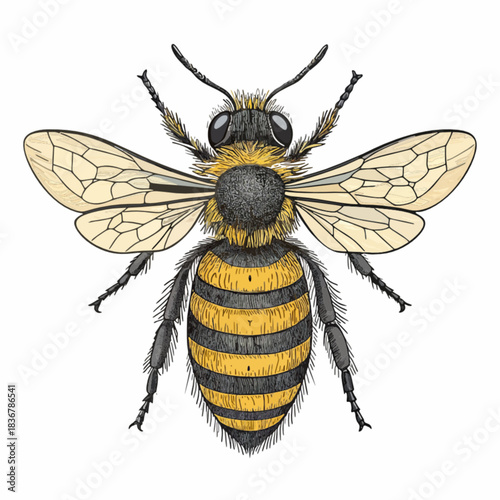 Detailed Illustration of a Honey Bee, Featuring Intricate Wing Patterns and Striped Abdomen