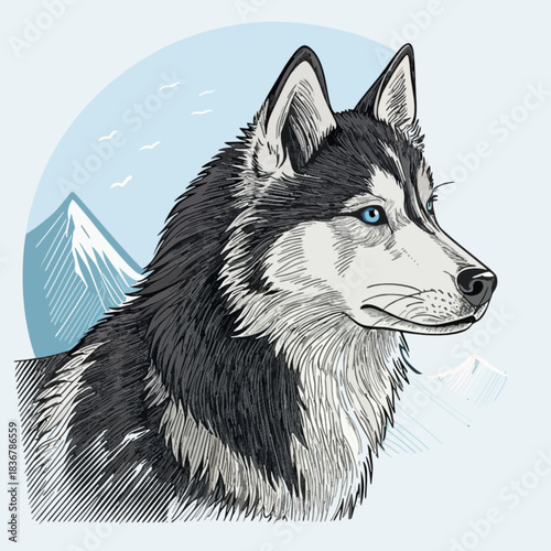 Vibrant illustration of a Siberian husky with captivating blue eyes, set against snowy mountains and a clear blue sky, reflecting its majestic and wild nature