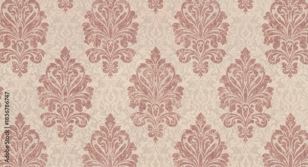 Fototapeta premium Close-up of a pink and beige damask wallpaper pattern with a repeating floral design